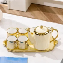 Ensemble de théière en porcelaine à bord doré, tasse à thé européenne de luxe, cafetière en céramique vintage, ensemble de standardisation, 6 pièces 2
